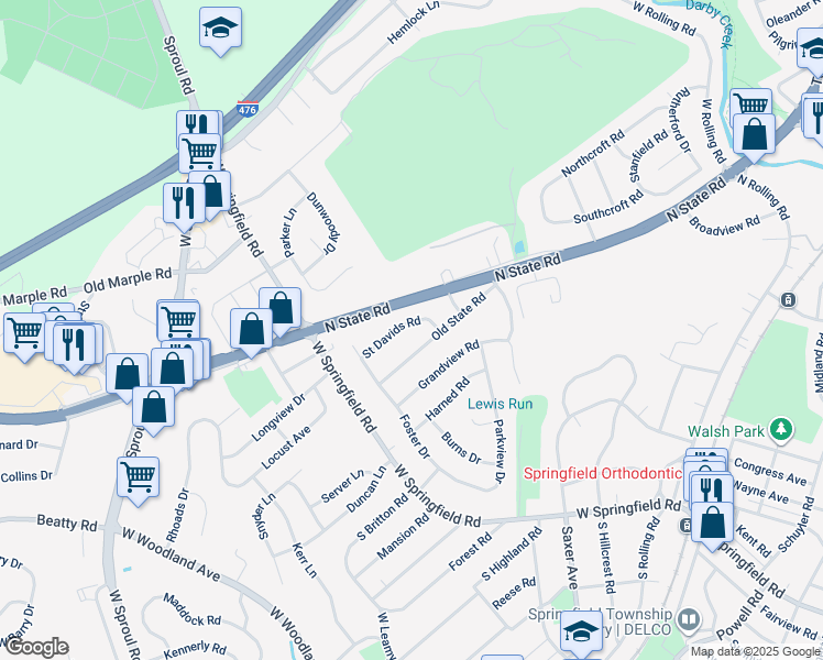 map of restaurants, bars, coffee shops, grocery stores, and more near 59 Saint Davids Road in Springfield