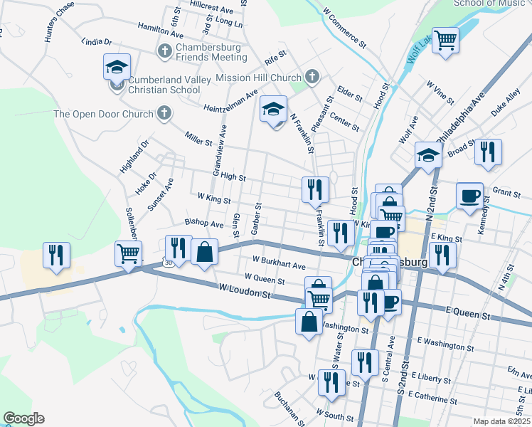 map of restaurants, bars, coffee shops, grocery stores, and more near 348 West King Street in Chambersburg