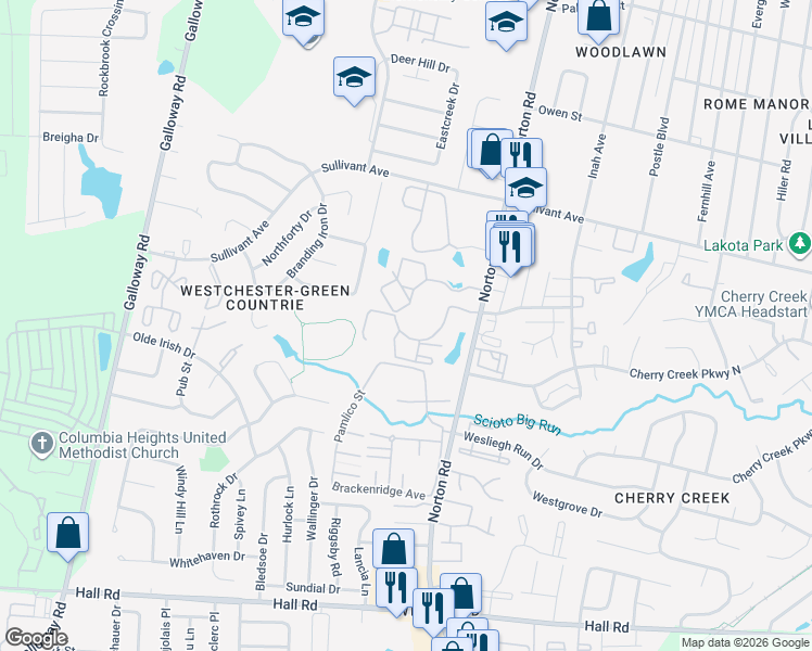 map of restaurants, bars, coffee shops, grocery stores, and more near 5500 Floral Circle South in Columbus