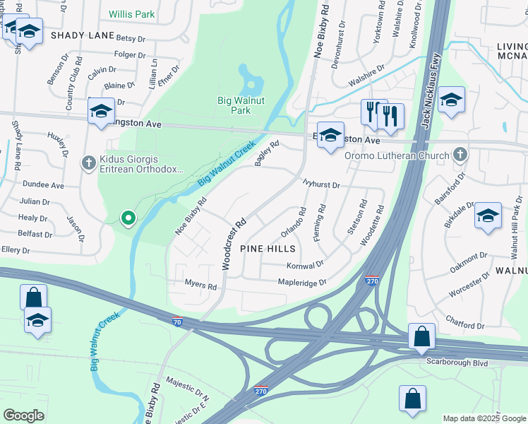 map of restaurants, bars, coffee shops, grocery stores, and more near 1784 Woodcrest Road in Columbus