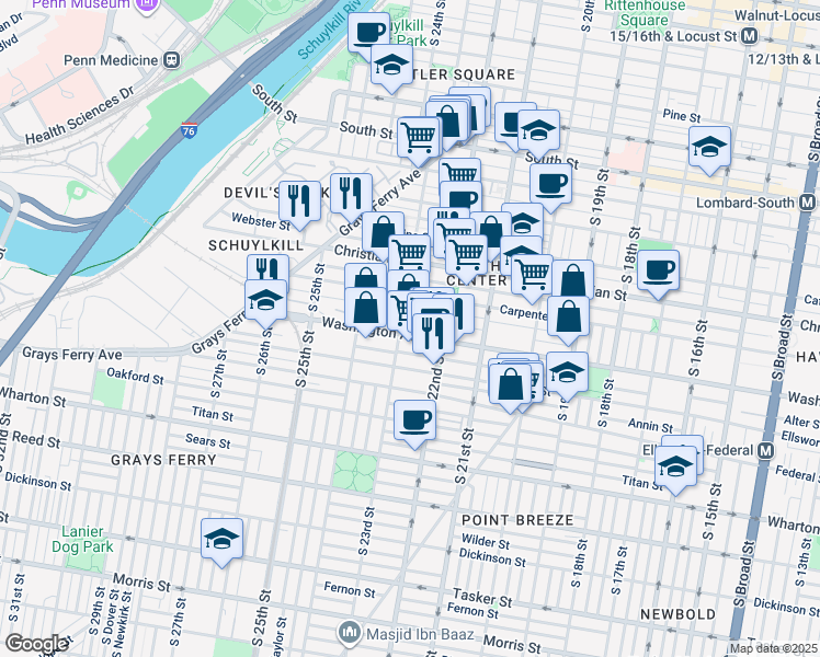map of restaurants, bars, coffee shops, grocery stores, and more near 2235 Washington Avenue in Philadelphia