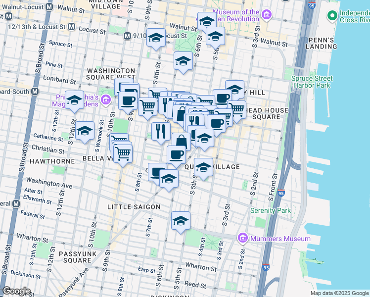 map of restaurants, bars, coffee shops, grocery stores, and more near 524 Fitzwater Street in Philadelphia