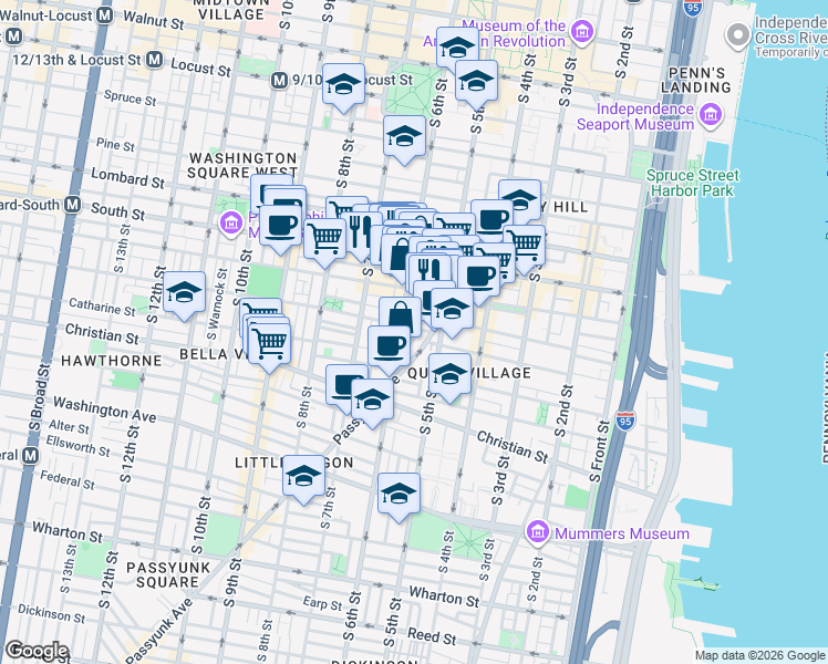 map of restaurants, bars, coffee shops, grocery stores, and more near in Philadelphia
