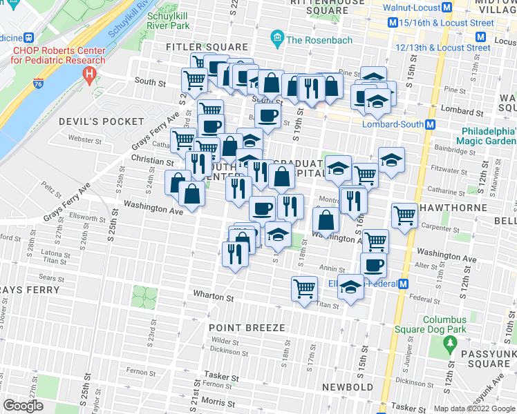 map of restaurants, bars, coffee shops, grocery stores, and more near South 20th Street & Kimball Street in Philadelphia