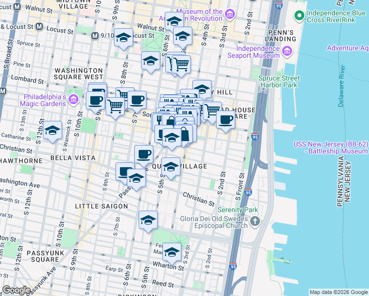 map of restaurants, bars, coffee shops, grocery stores, and more near 702 South Leithgow Street in Philadelphia
