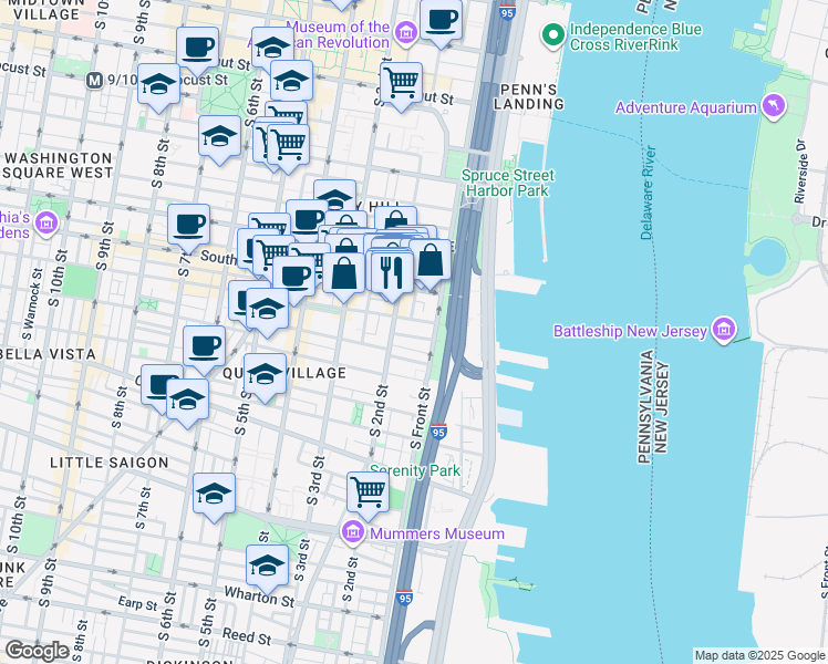 map of restaurants, bars, coffee shops, grocery stores, and more near 119 Kenilworth Street in Philadelphia