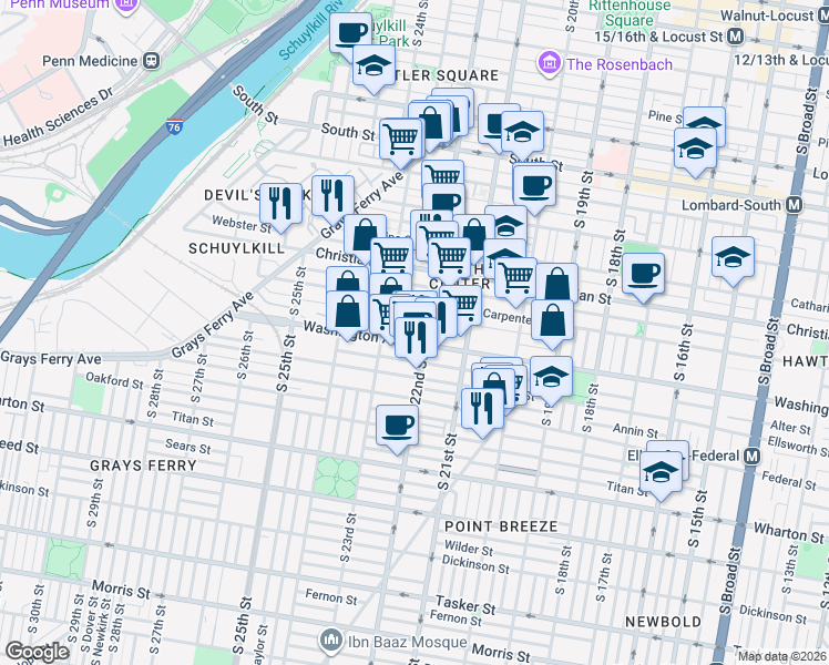 map of restaurants, bars, coffee shops, grocery stores, and more near 2202 Montrose Street in Philadelphia