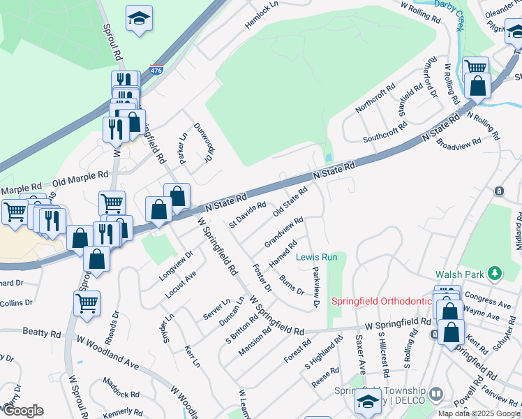 map of restaurants, bars, coffee shops, grocery stores, and more near 59 Saint Davids Road in Springfield