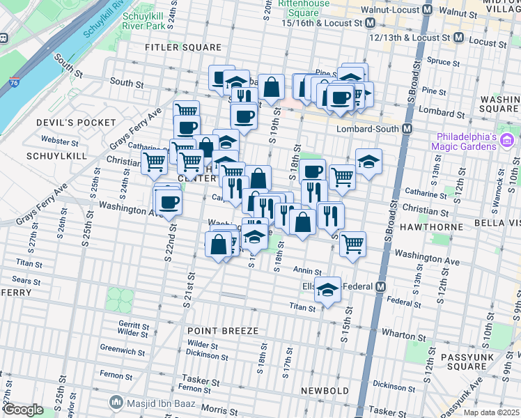 map of restaurants, bars, coffee shops, grocery stores, and more near 1829 Montrose Street in Philadelphia