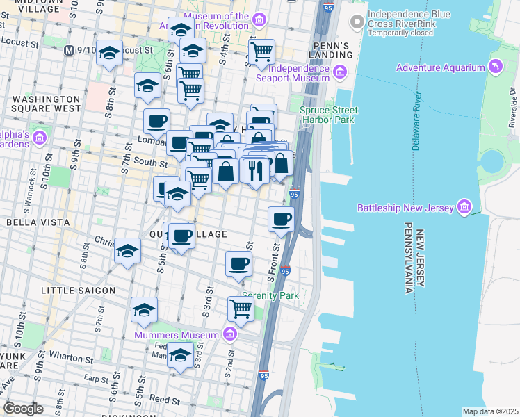 map of restaurants, bars, coffee shops, grocery stores, and more near 715 South 2nd Street in Philadelphia