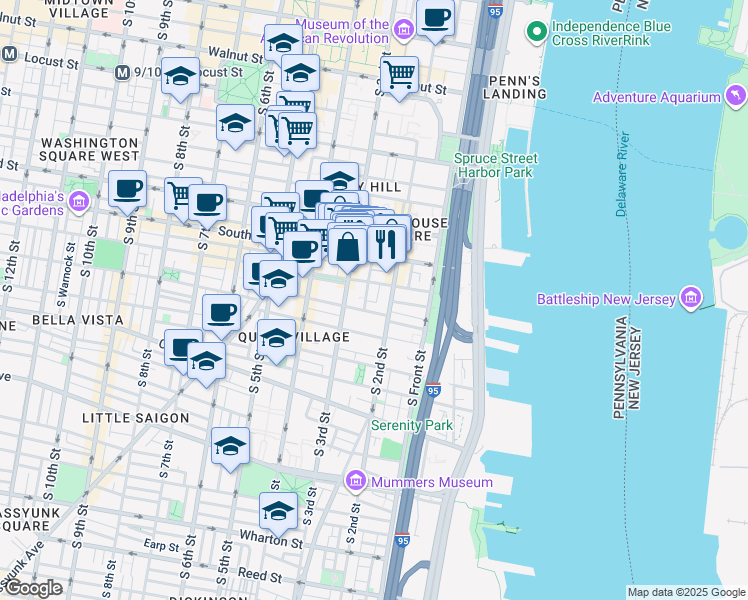 map of restaurants, bars, coffee shops, grocery stores, and more near 720 South Philip Street in Philadelphia