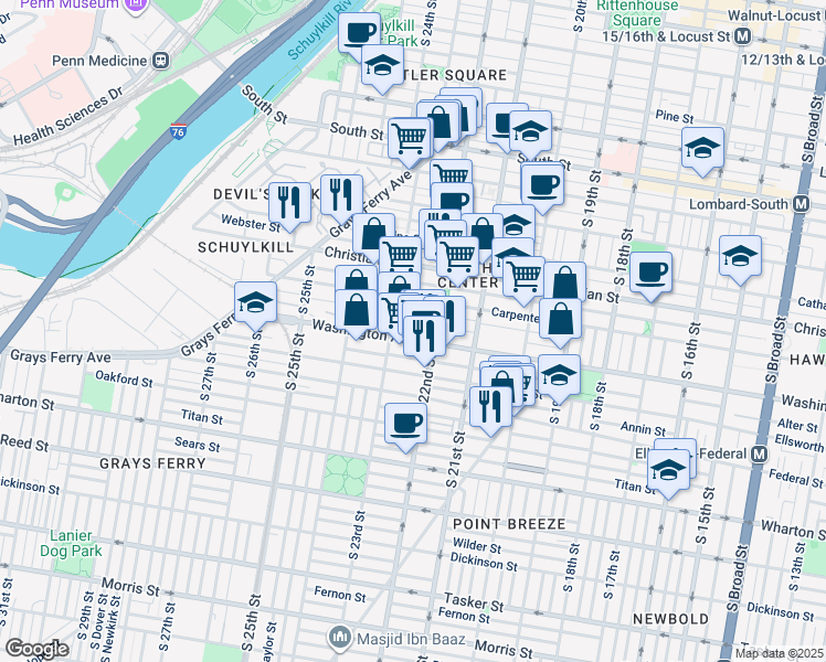 map of restaurants, bars, coffee shops, grocery stores, and more near 2201 Washington Avenue in Philadelphia