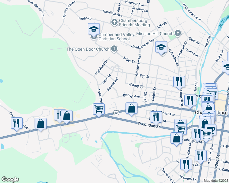 map of restaurants, bars, coffee shops, grocery stores, and more near 79 Grandview Crossing in Chambersburg