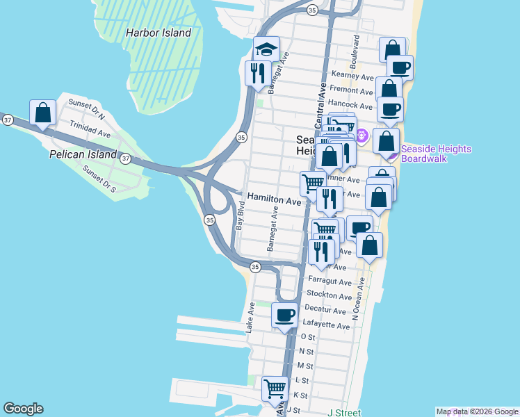 map of restaurants, bars, coffee shops, grocery stores, and more near 330 Hamilton Avenue in Seaside Heights