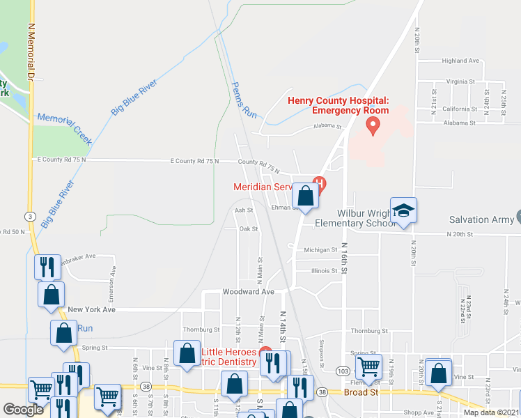map of restaurants, bars, coffee shops, grocery stores, and more near 630 North Main Street in New Castle
