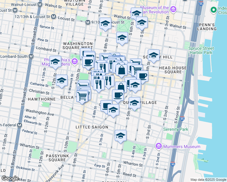 map of restaurants, bars, coffee shops, grocery stores, and more near 751 South Sheridan Street in Philadelphia