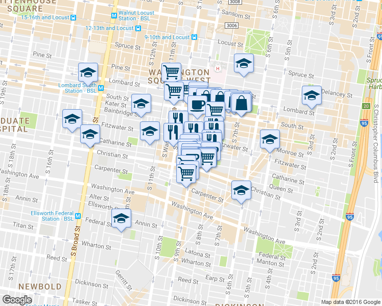 map of restaurants, bars, coffee shops, grocery stores, and more near 768 South 9th Street in Philadelphia