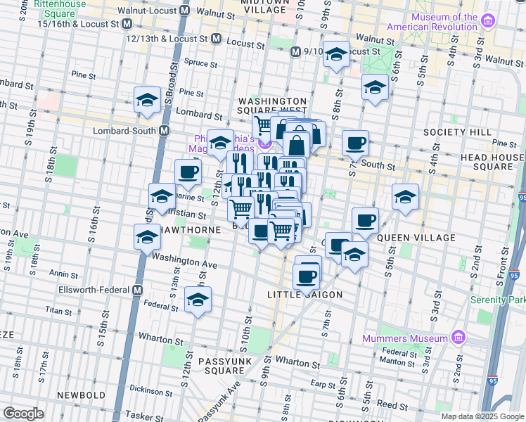 map of restaurants, bars, coffee shops, grocery stores, and more near 800 South 10th Street in Philadelphia