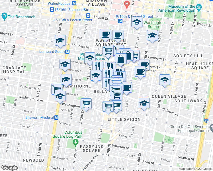 map of restaurants, bars, coffee shops, grocery stores, and more near 800 South 10th Street in Philadelphia