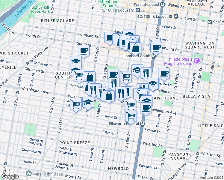 map of restaurants, bars, coffee shops, grocery stores, and more near 924 South 17th Street in Philadelphia