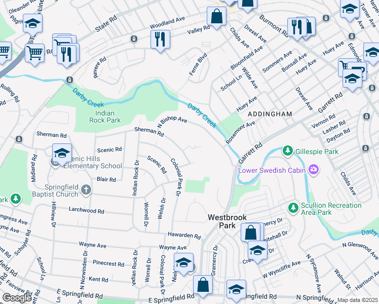 map of restaurants, bars, coffee shops, grocery stores, and more near 645 Sherman Road in Springfield