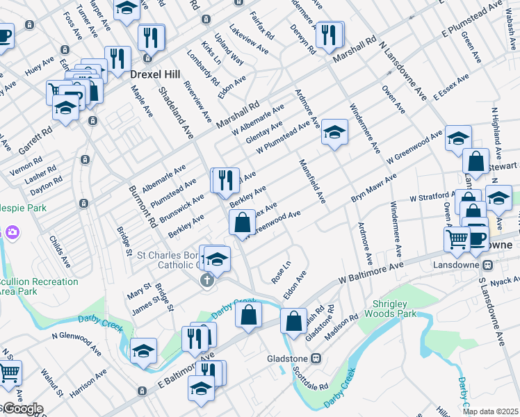 map of restaurants, bars, coffee shops, grocery stores, and more near 265 West Essex Avenue in Lansdowne