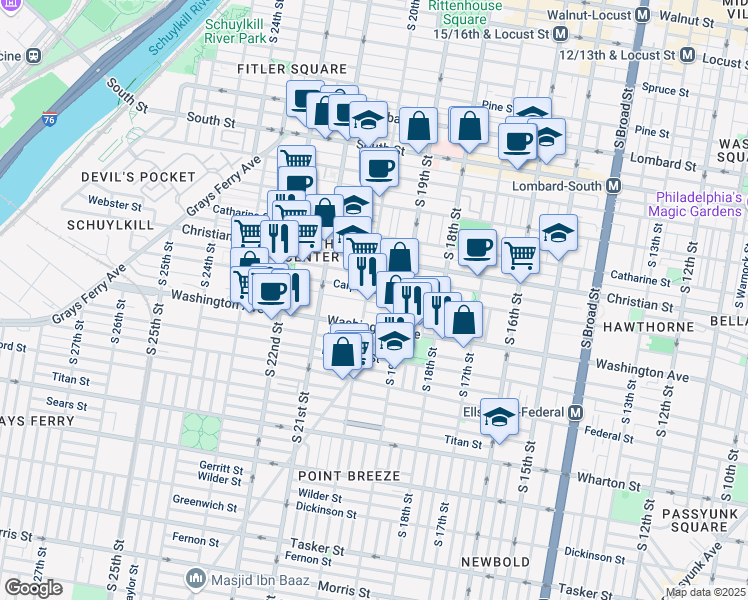 map of restaurants, bars, coffee shops, grocery stores, and more near 1939 Kimball Street in Philadelphia