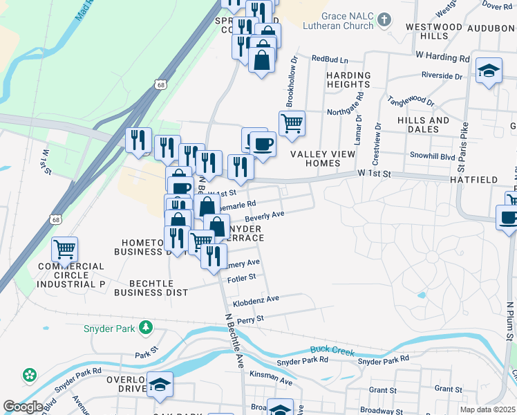 map of restaurants, bars, coffee shops, grocery stores, and more near 1325 West 1st Street in Springfield