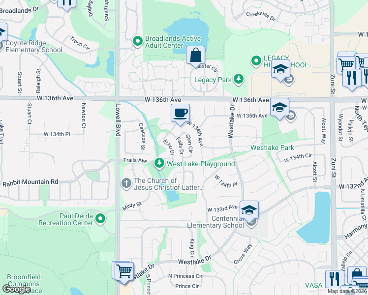 map of restaurants, bars, coffee shops, grocery stores, and more near 13471 Glen Circle in Broomfield