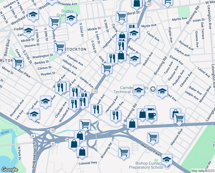 map of restaurants, bars, coffee shops, grocery stores, and more near 4041 Witherspoon Avenue in Pennsauken Township