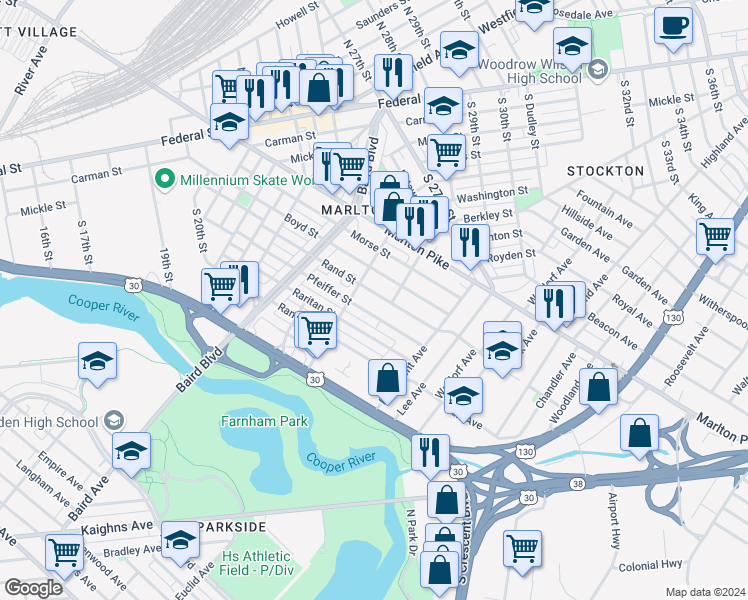 map of restaurants, bars, coffee shops, grocery stores, and more near 452 Rand Street in Camden