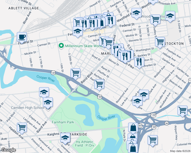 map of restaurants, bars, coffee shops, grocery stores, and more near 407 Pfeiffer Street in Camden