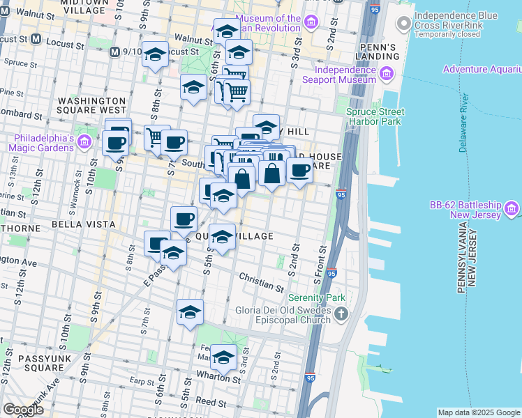 map of restaurants, bars, coffee shops, grocery stores, and more near 310 Bainbridge Street in Philadelphia