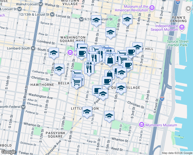 map of restaurants, bars, coffee shops, grocery stores, and more near in Philadelphia