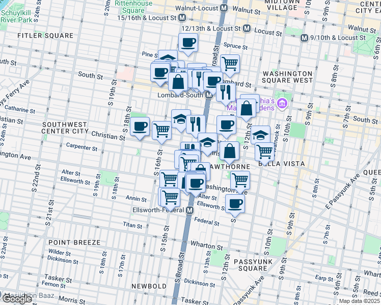 map of restaurants, bars, coffee shops, grocery stores, and more near 800 South Broad Street in Philadelphia