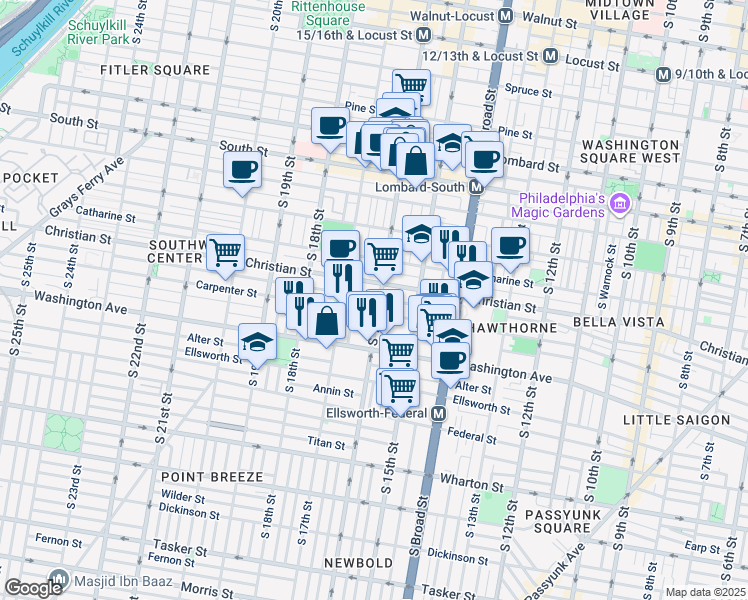 map of restaurants, bars, coffee shops, grocery stores, and more near 1601 Christian Street in Philadelphia