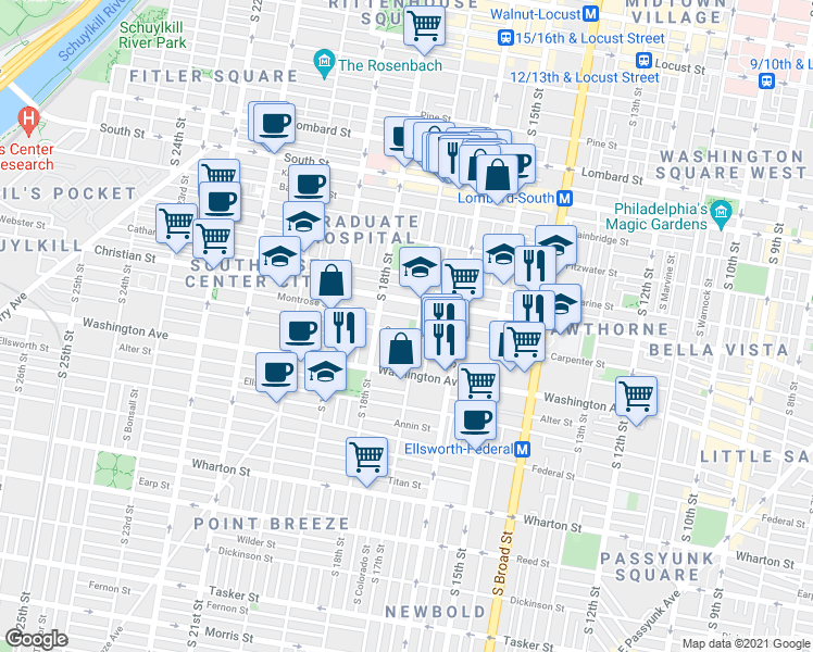map of restaurants, bars, coffee shops, grocery stores, and more near 901 South 17th Street in Philadelphia