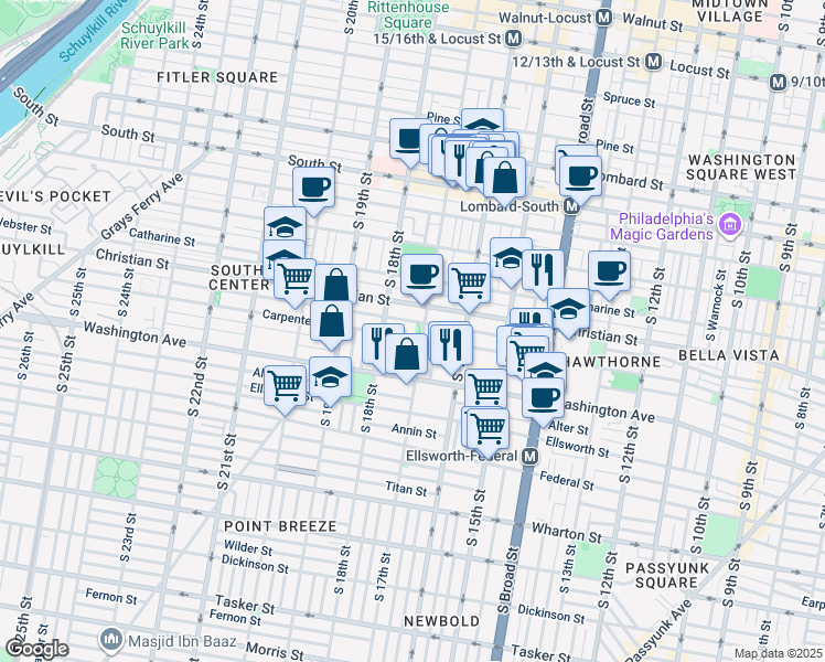 map of restaurants, bars, coffee shops, grocery stores, and more near 1707 Carpenter Street in Philadelphia
