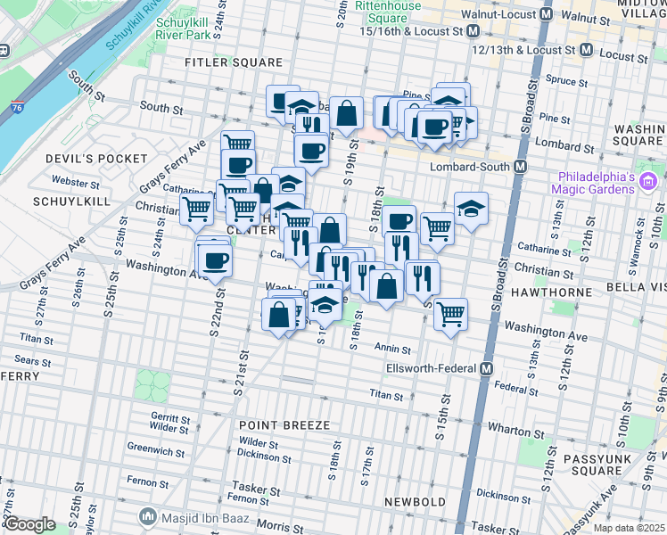 map of restaurants, bars, coffee shops, grocery stores, and more near 1829 Montrose Street in Philadelphia
