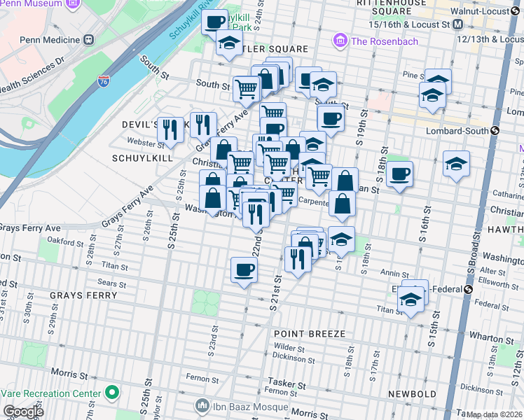 map of restaurants, bars, coffee shops, grocery stores, and more near 2202 Montrose Street in Philadelphia