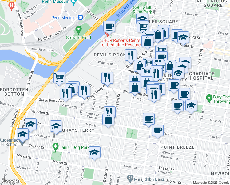 map of restaurants, bars, coffee shops, grocery stores, and more near 2544 Graduate Square in Philadelphia