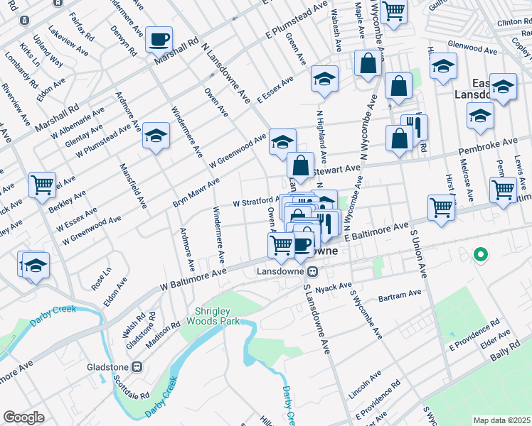map of restaurants, bars, coffee shops, grocery stores, and more near 38 West Stratford Avenue in Lansdowne