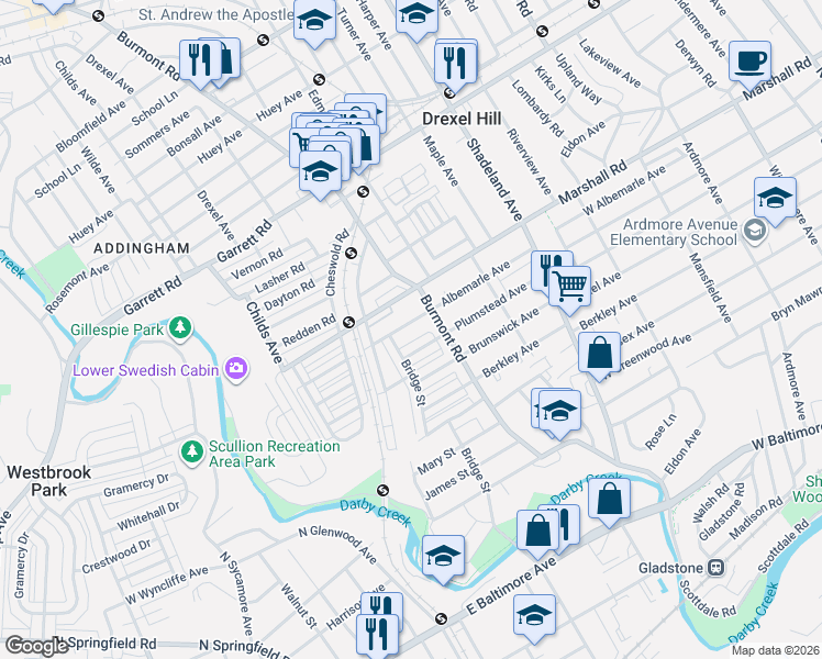map of restaurants, bars, coffee shops, grocery stores, and more near 3815 Albemarle Avenue in Drexel Hill