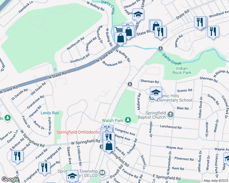 map of restaurants, bars, coffee shops, grocery stores, and more near 230 North Rolling Road in Springfield