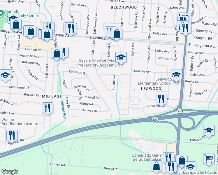 map of restaurants, bars, coffee shops, grocery stores, and more near 1627 Striebel Road in Columbus