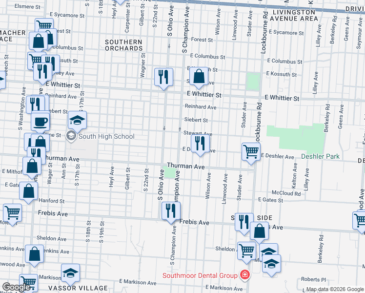 map of restaurants, bars, coffee shops, grocery stores, and more near 1201 South Champion Avenue in Columbus