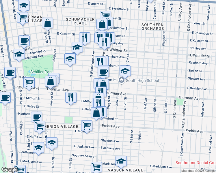 map of restaurants, bars, coffee shops, grocery stores, and more near 1134 Parsons Avenue in Columbus