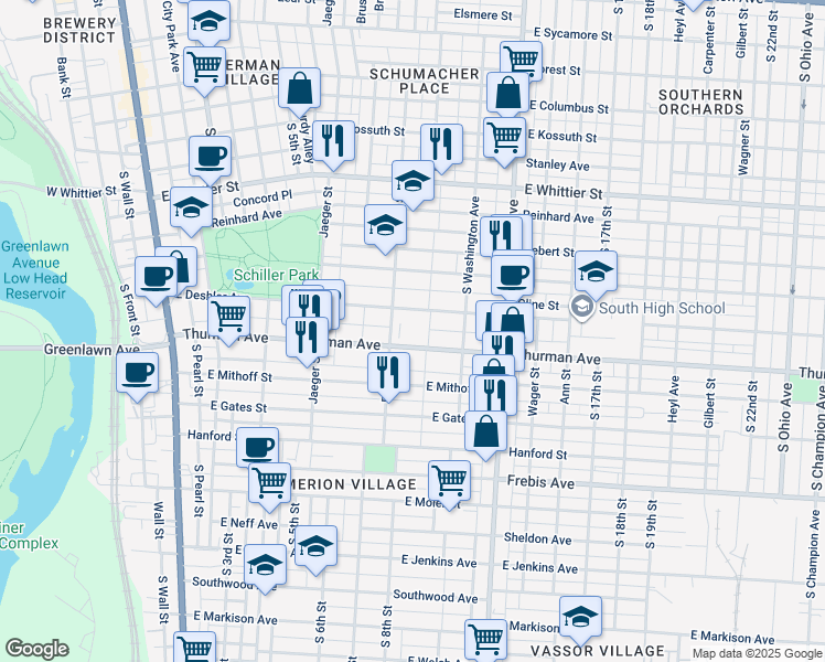 map of restaurants, bars, coffee shops, grocery stores, and more near 313 East Deshler Avenue in Columbus
