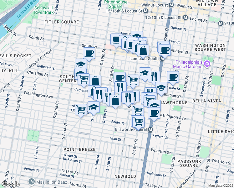 map of restaurants, bars, coffee shops, grocery stores, and more near 1707 Carpenter Street in Philadelphia