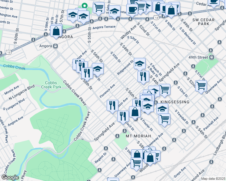 map of restaurants, bars, coffee shops, grocery stores, and more near 5651 Beaumont Avenue in Philadelphia